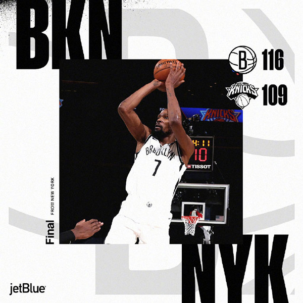 篮网116-109战胜尼克斯 杜兰特26+6 兰德尔30+7