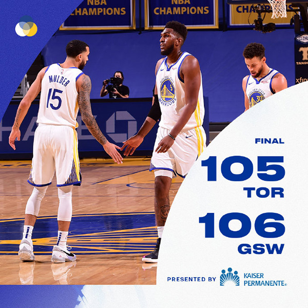 勇士106-105险胜猛龙 西卡25+11 库里16中2