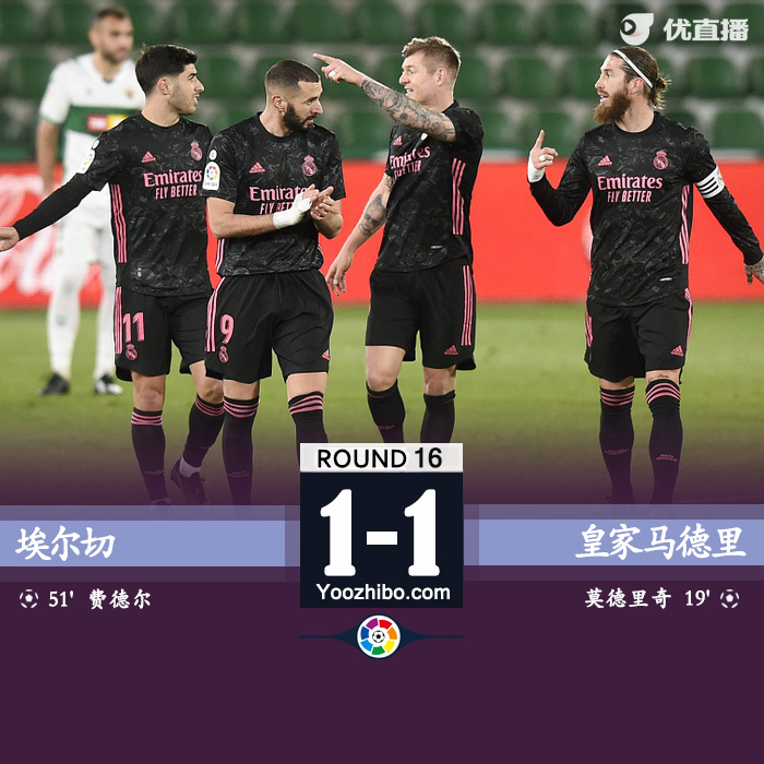 西甲简报：皇家马德里1-1埃尔切 卡瓦哈尔送点莫德里奇破门