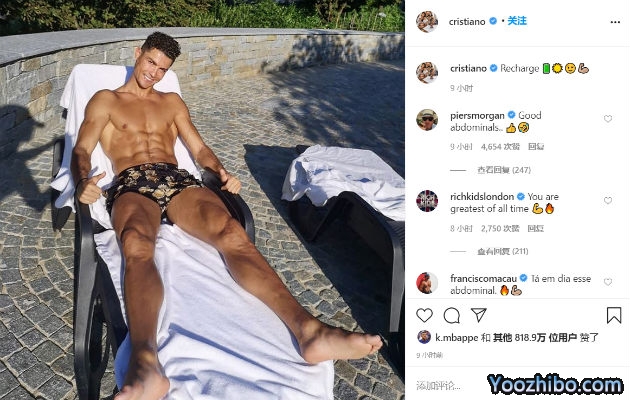 C罗秀完美肌肉线条 网友感叹：更新一条是别人一辈子挣不了的钱