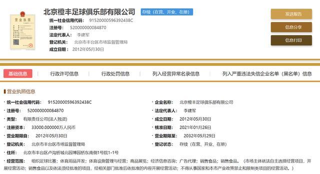 国家企业公示：北京人和更名为北京橙丰足球俱乐部