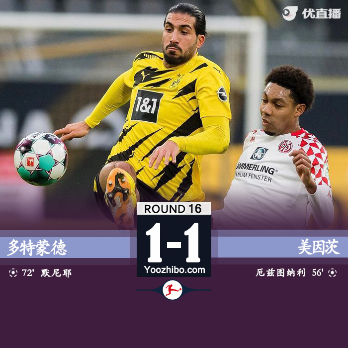 多特主场1-1平美因茨 默尼耶破门+造点罗伊斯失点
