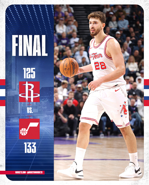 爵士133-125复仇火箭，杜兰特空砍32+9，马尔卡宁29分