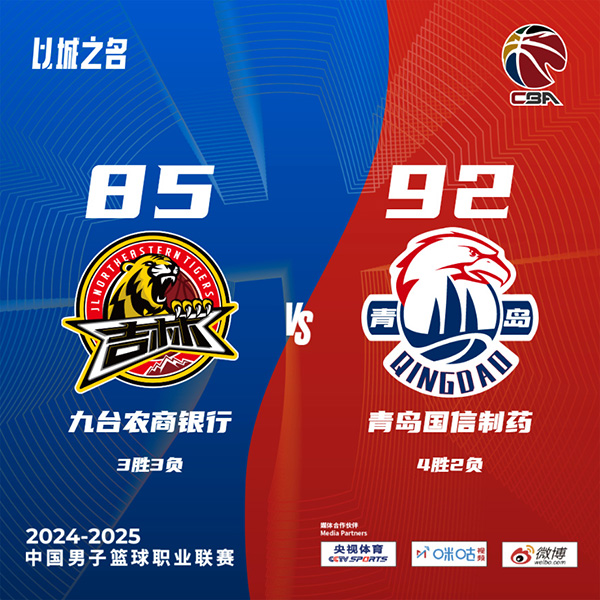 青岛92-85终结吉林 杨瀚森17+20+4帽 王睿泽22分 琼斯17+9+11