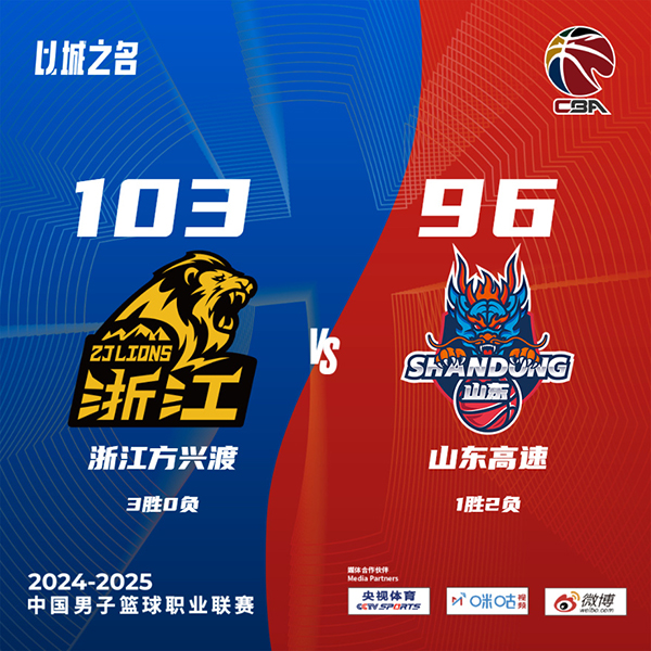 广厦103-96击败山东喜迎3连胜 孙铭徽12+13 布朗30分 克里斯31+17